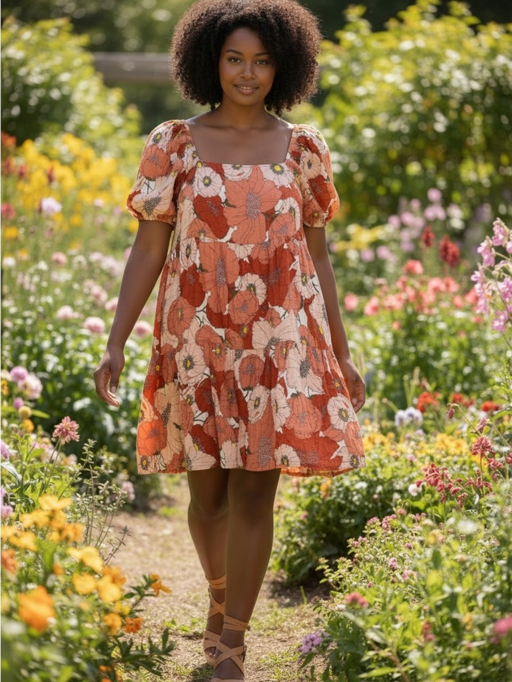 Loft Floral Poppy Tiered Mini Dress Puff Sleeve Boho Red and Pink Dress Size 14